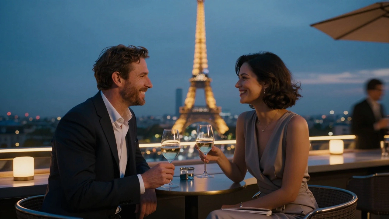 A client and escort laugh at a Paris rooftop bar, the Eiffel Tower glowing behind them at twilight.