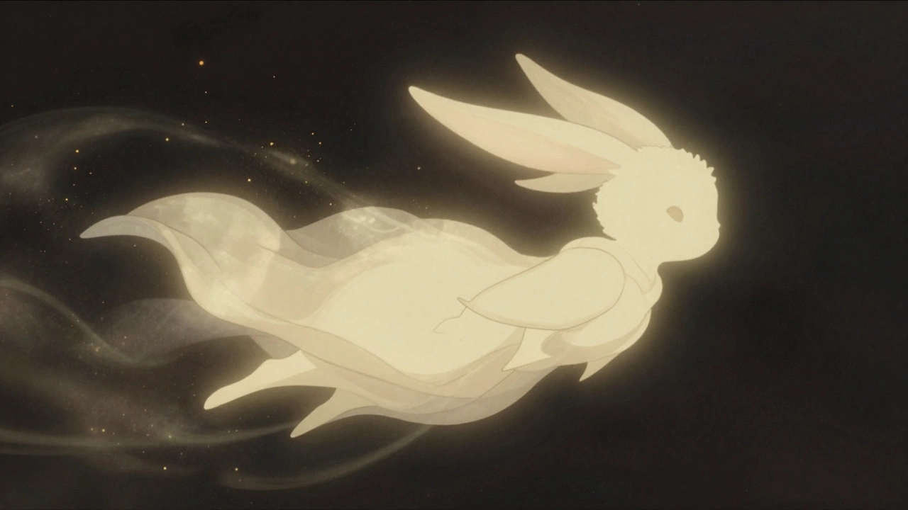 A glowing, imaginary creature with no human traits floating peacefully in a starry, dreamlike void.