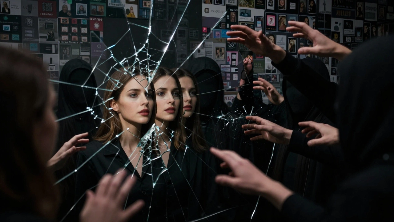 A woman&#039;s face fractured into digital distortions surrounded by fading stolen photos and shadowy figures.