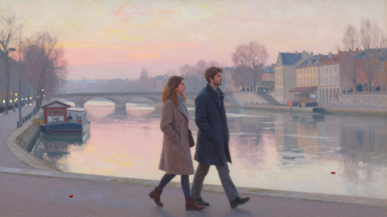 Two people walk peacefully along the Seine at sunrise, lost in thought but comfortably together.